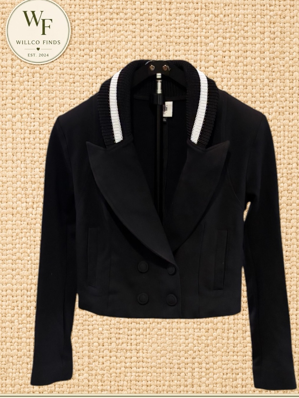 CAbi Black Double Breasted Cropped Blazer Jacket Knit Collar Style 6033